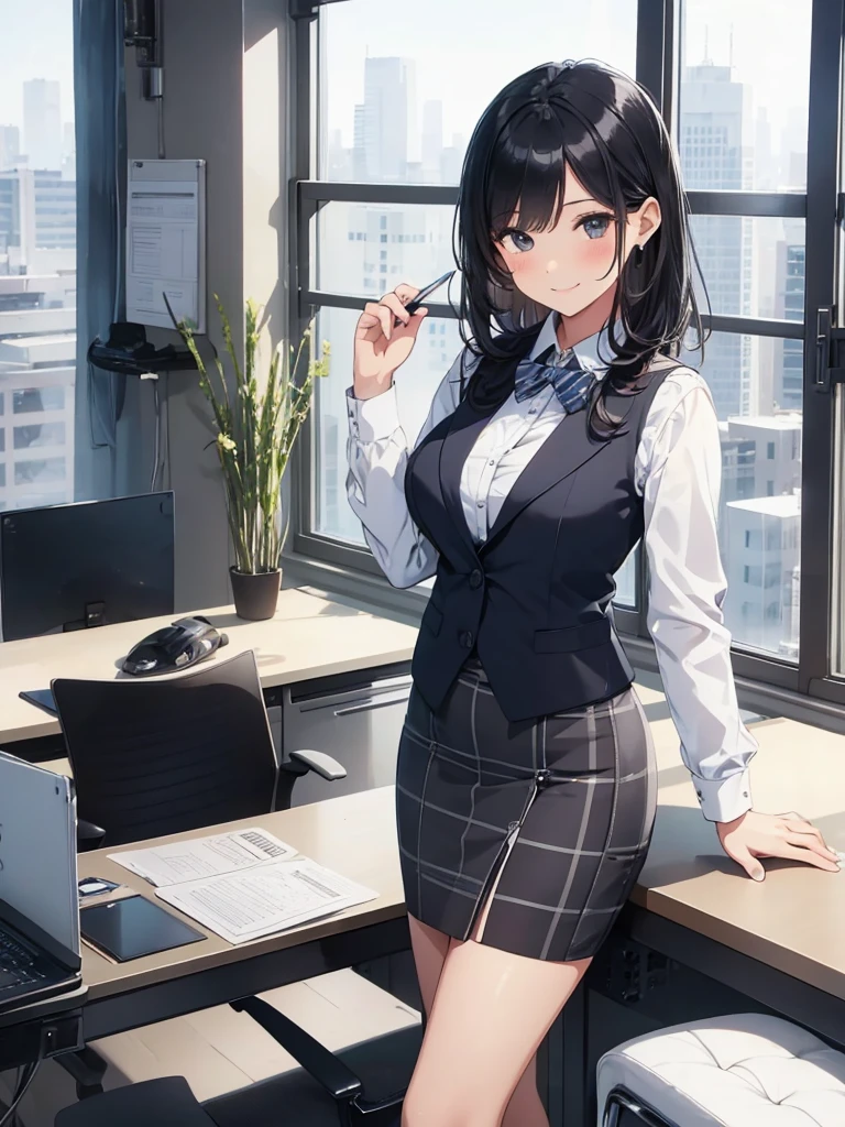 1lady standing, office worker, receptionist, (vest with white and gray checks:1.2) (navy pencil skirt) bowtie, mature female, /(black hair/) bangs, blush kind smile, (masterpiece best quality:1.2) delicate illustration ultra-detailed, large breasts BREAK (modern office indoors), window cityscape, detailed background