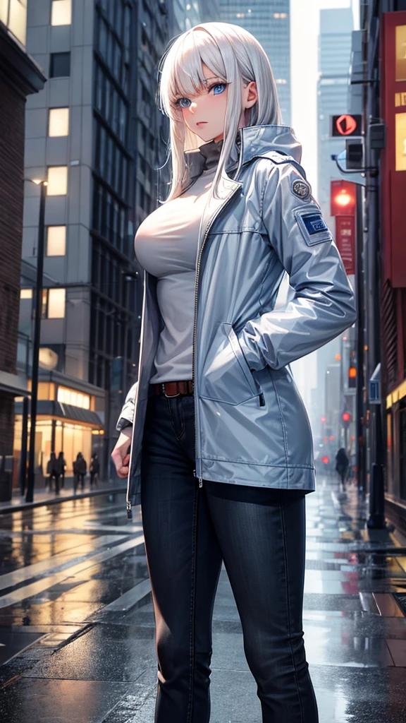  with white hair and bangs, clear blue eyes, medium to large breasts, Waist slender, using a cold jacket, casual, for a date, with an urban background with rain.