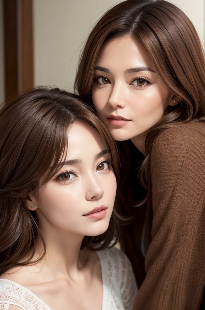 The young thrill of fun with brown hair and putting on makeup
