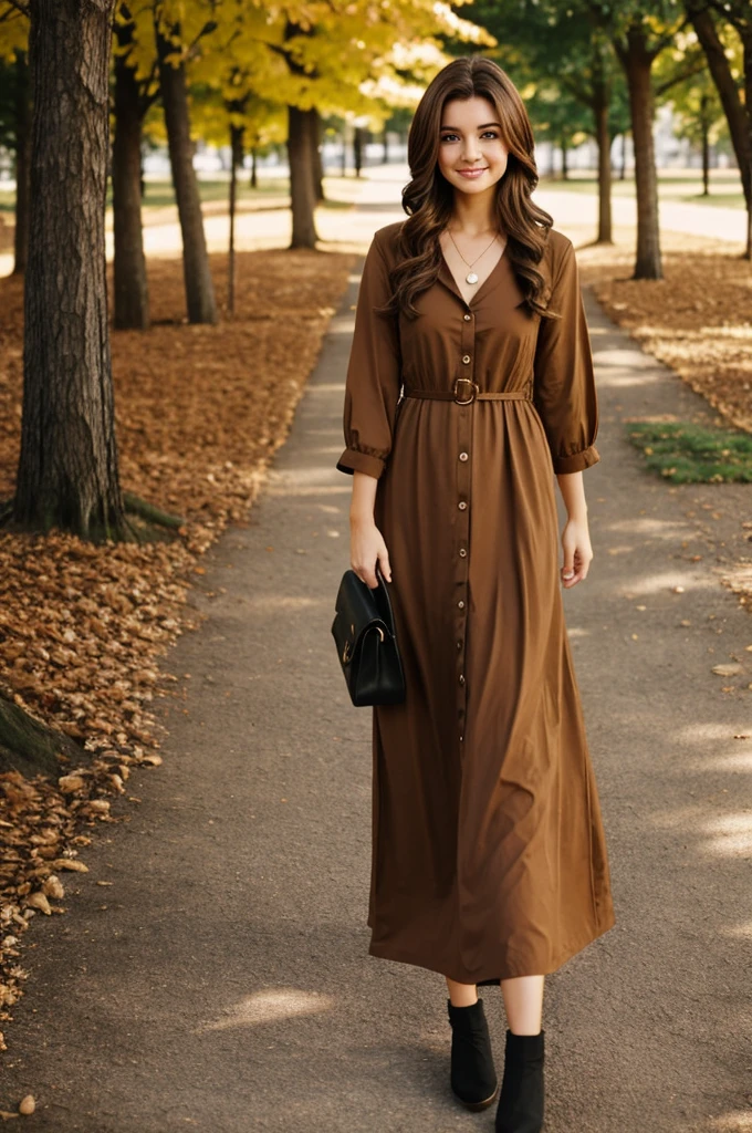 Brown hair girl wearing brown dress