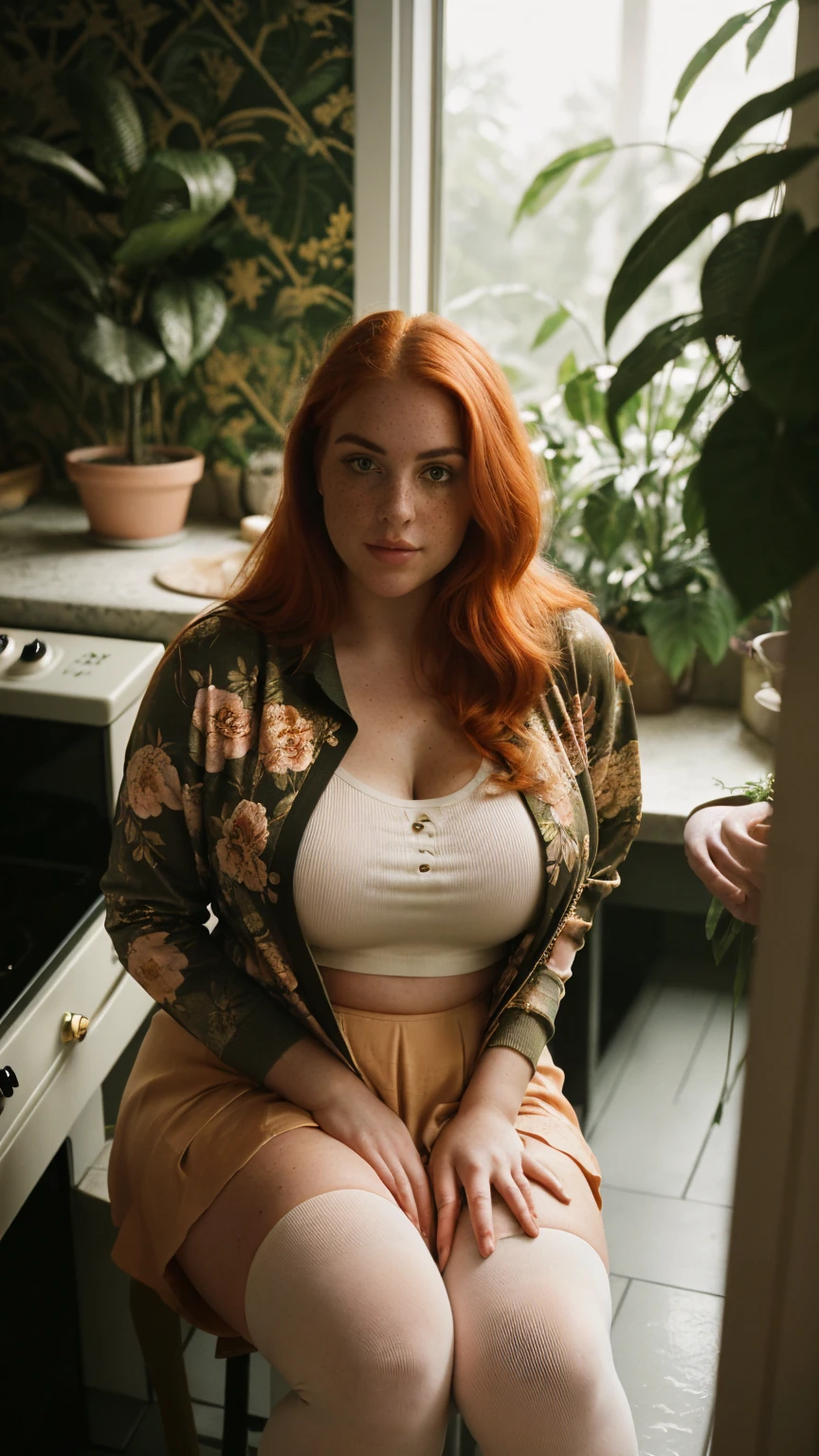 A melancholic beauty amidst the shadows of a dimlit Kitchen at night(gold/back floral-print wallpaper, lush plants). A ginger curvy girl(, freckles, very busty) exudes confidence and elegance(Smirk face expression), her pink-eyes(piercing through the darkness). ((Dressed in a modern edgy and casual design, a cropped jacket and mini skirt show off her curves, while the knee-high socks add a playful element. The casual style contrasts with her curvy figure)). messy hair(very curvy orange-hair). She's surrounded by lush plants in a dimlit kitchen(gold/back floral-print wallpaper, lush plants), The natural light casts long shadows, Sadness and oppressive atmosphere of this vintage-photography-style image. A 70mm grainy film captures the scene, with a bokeh effect. ((CLOSE UP SHOT; FROM ABOVE VIEW))