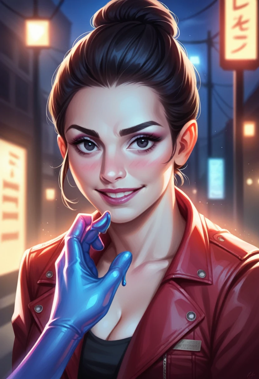 best quality, realistic, front pov, KristannaTX in a los angeles city street, (a female Indonesian supermodel), (wine red leather jacket:1.1), seductive smile, (dark hair), (updo hair:1.0), perfect eyes, sharp details, detailed face, face makeup, cheeks blush, eyeliner, eyeshadows, lip gloss, supermodel, (deep focus), (hard lighting), (night time), (realistic lighting:1.0), liquid metal hand