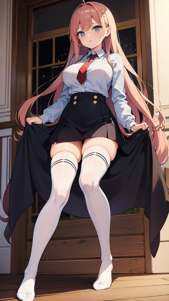 tight winter uniform skirt with tie
long legs
long socks 
big boobs