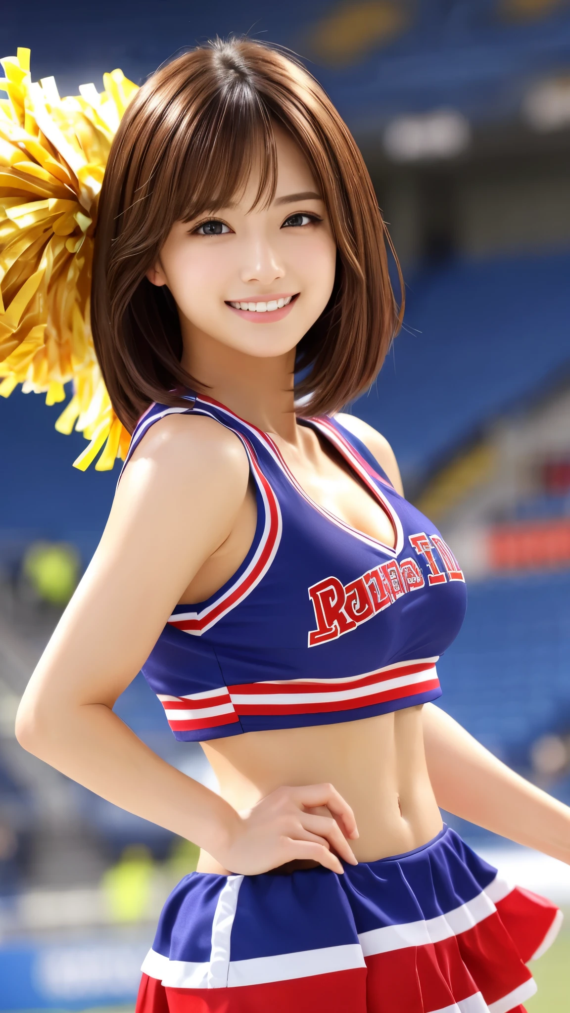 Photorealistic、Masseter muscle area、Highest quality、High resolution、RAW Photos、Realistic、Bright lighting、Face Light、Smooth Professional Lighting、Japanese women、Beautiful woman、Modeled、gravure、sexy、so beautiful、Realisticで美しい肌、Beautiful and detailed、Detailed face、slim、Large Breasts、Cleavage、short hair、Brunette colored hair、Brown eyes、looking at the camera、Cheerleader、Cheerleader、Cheerleader、smile