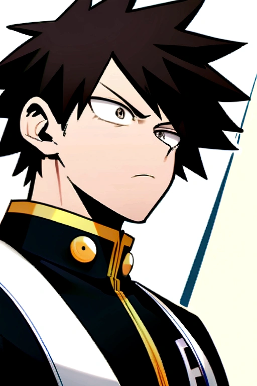 He is a , He has slightly disheveled dark brown hair..., somewhat light brown eyes, He has a black heart-shaped spot on his left cheek that is quite large..., It is something serious, He has a somewhat exercised body, He is dressed in the anime uniform. "my hero academia".