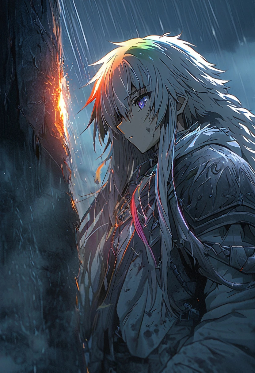 An ethereal sultryseductivedemonic 20 year old anime male druid with metallic long hair and tattoos, intimately holding and almost kissing a 20 year old anime male, anime druid demon male hellscape at night, manga inspired by Masashi Wakui, rainbow color palette, atmospheric fog, decay, worn textures, rain-soaked fantasy village, manga-style illustration --s 150 --ar 1:2 --c 5 Removed From Image