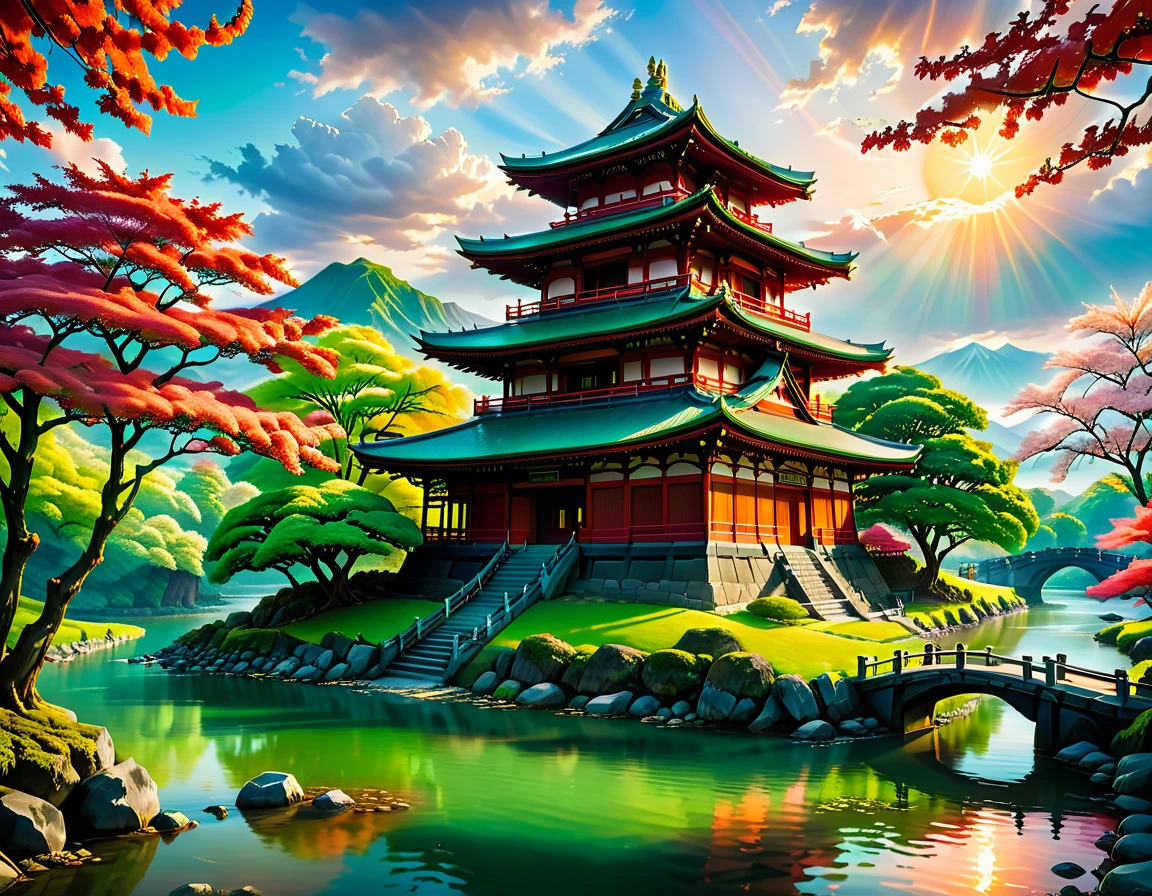 a National Geographic picture of dark Japanese medieval temple, as the sun rises in the horizon, it sits on the bank of a river near surrounded by cherry trees, almond trees, Japanese maple trees, (all trees in many colorful shades of green, red, pin, orange: 1.5) ((all scenery is reflected in the river: 1.5)), an epic ancient Japanese medieval temple, ancient and epic in its majestic antiquity, a sense of serenity, tranquility, divine rays, some clouds, sun rays, (highest quality:1.2, Very detailed, up to date, Vibrant, Ultra-high resolution, High Contrast, masterpiece:1.2, highest quality, Best aesthetics), best details, best quality, highres, ultra wide angle, 16k, [ultra detailed], masterpiece, best quality, (extremely detailed: 1.5), Dark Art Painting Style