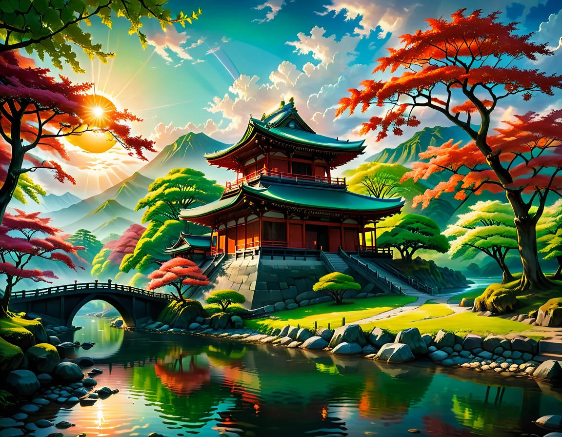 a National Geographic picture of dark Japanese medieval temple, as the sun rises in the horizon, it sits on the bank of a river near surrounded by cherry trees, almond trees, Japanese maple trees, (all trees in many colorful shades of green, red, pin, orange: 1.5) ((all scenery is reflected in the river: 1.5)), an epic ancient Japanese medieval temple, ancient and epic in its majestic antiquity, a sense of serenity, tranquility, divine rays, some clouds, sun rays, (highest quality:1.2, Very detailed, up to date, Vibrant, Ultra-high resolution, High Contrast, masterpiece:1.2, highest quality, Best aesthetics), best details, best quality, highres, ultra wide angle, 16k, [ultra detailed], masterpiece, best quality, (extremely detailed: 1.5), Dark Art Painting Style