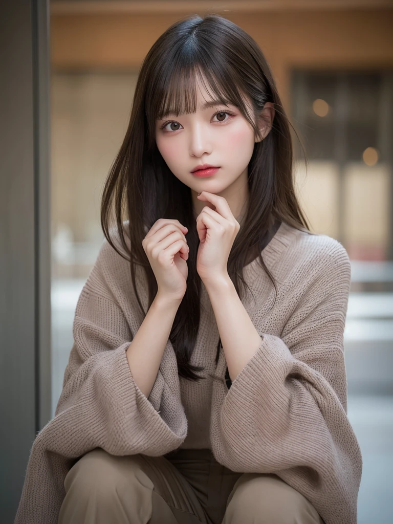 finely detail, hight resolution, hightquality、Perfect dynamic composition, Beautiful detailed eyes, Medium Hair, small 、Natural Color Lip,Kamimei、Shibuya、20 years girl、1 persons、Transparent skin、Glowing hair、masutepiece, Best Quality, Illustration, Ultra-detailed, finely detail, hight resolution, 8K、The correct state of the human body、crouching down、model poses