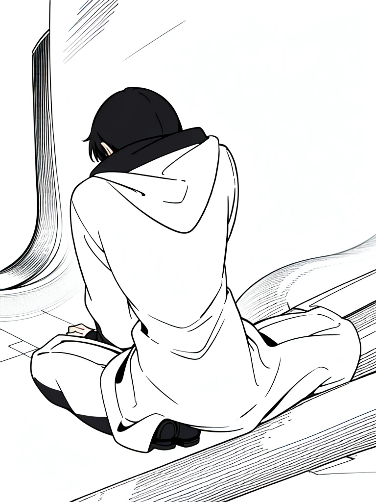 (1boy,,solo),((black hooded)),(white background,line drawing),(back view),sitting