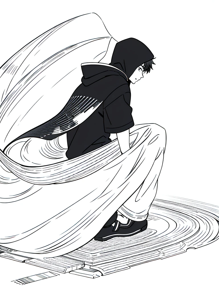 (1boy,,solo),((black hooded)),(white background,line drawing),(back view),sitting