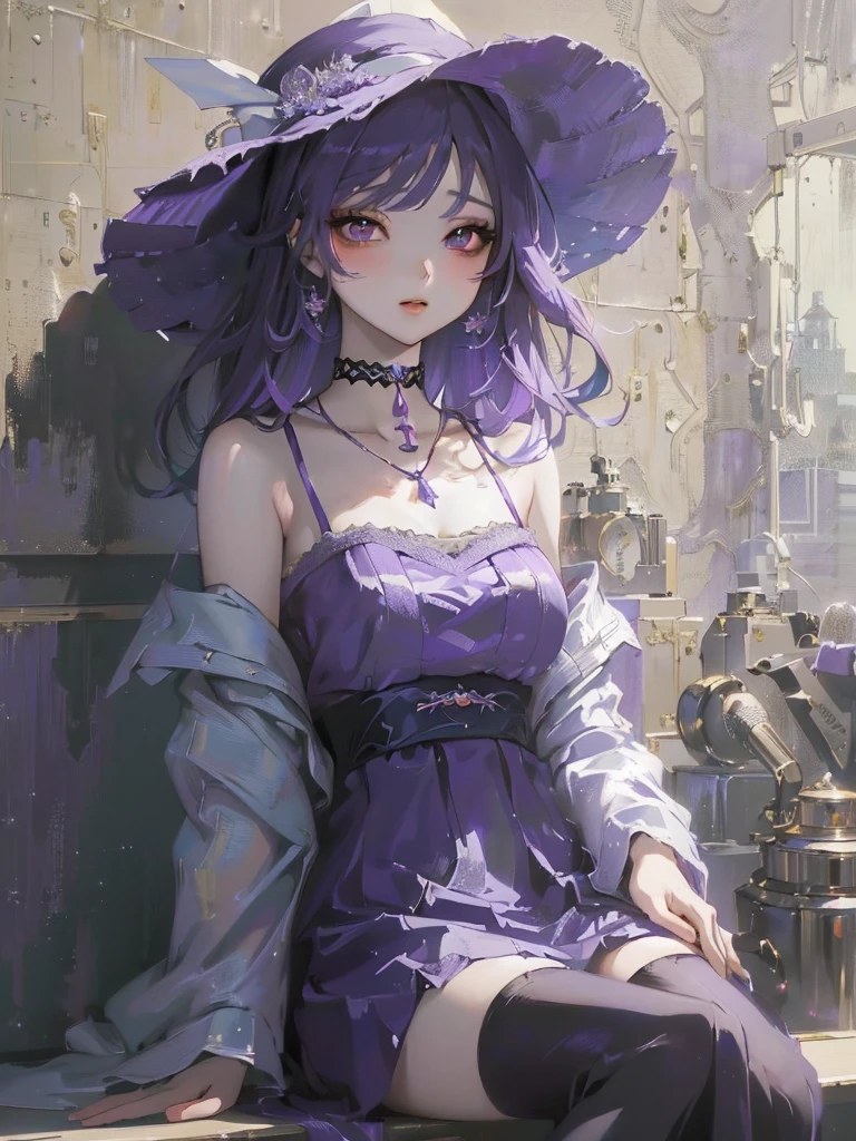 Anime girl in purple dress and hat sitting on a shelf, Gwaiz, artwork in the style of Gwaiz, Gwaiz on pixiv artstation, Gwaiz on artstation pixiv, Anime Style 4 k, Beautiful anime portraits, Anime Style. 8K, Gwaiz masterpiece, Anime Girl Portrait, Beautiful Anime Girls