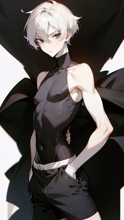 (masterpiece), (HDR), absurdres, (best quality), (ultra high quality), (hi-res), (((cowboy shot))), (1boy), solo, alone, mature, (violet eyes), beautiful detailed eyes, (((fluffy black hair))), bangs, Slim, cute, shiny skin, bishounen, BREAK, Transparent Dress, dynamic poses, dynamic angle, No background, White background, looking at viewer, blush
