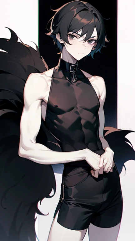 male character , , Pale and white skin, dark black eyes, black fur, wavy and short, Delgado, beautiful, black shorts close to the skin, Long black sleeveless T-shirt with close-to-skin collar, small breasts, small waist, pose erotica