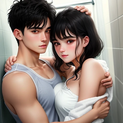 Couple hug scene on shower use towel
20-year-old boy and 18-year-old girl, Detailed face, Detailed eyes, double eyelid,, Handsome-cool-warm-boy with black hair and hot-seductive-sexy-cute-beautiful-girl with black hair and blushing face. Intimate vibes.