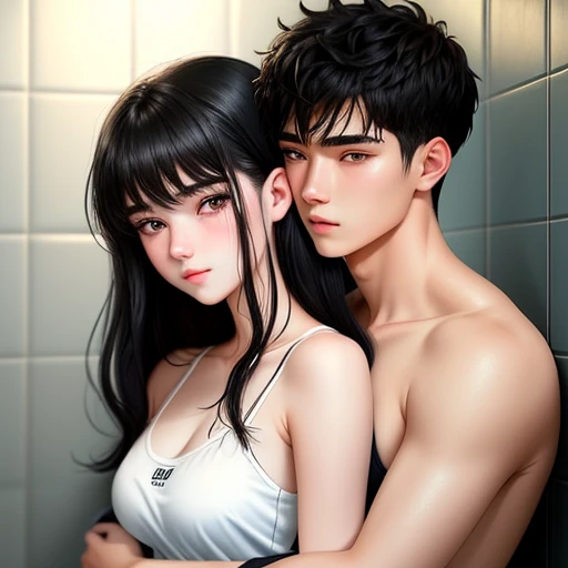 Couple hug scene on shower use towel
20-year-old boy and 18-year-old girl, Detailed face, Detailed eyes, double eyelid,, Handsome-cool-warm-boy with black hair and hot-seductive-sexy-cute-beautiful-girl with black hair and blushing face. Intimate vibes.