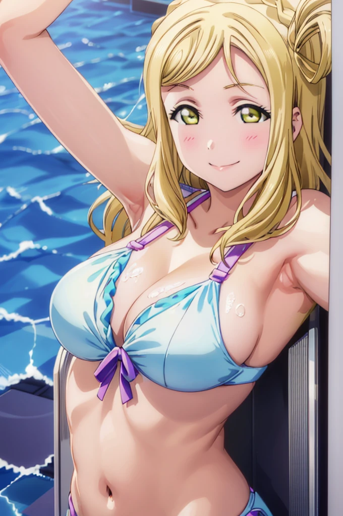 (((pixel-perfect, detail-perfect))), solo, 1girl, mari ohara, smile, pool, bikini, armpit, large extreme filesize, ultra High Qality