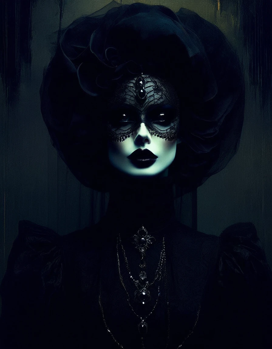 Darksynth aesthetic, minimalist background, gothic makeup, strange fashion photography, masterpiece. evening, (art inspired by Bill Sienkiewicz). oil painting)