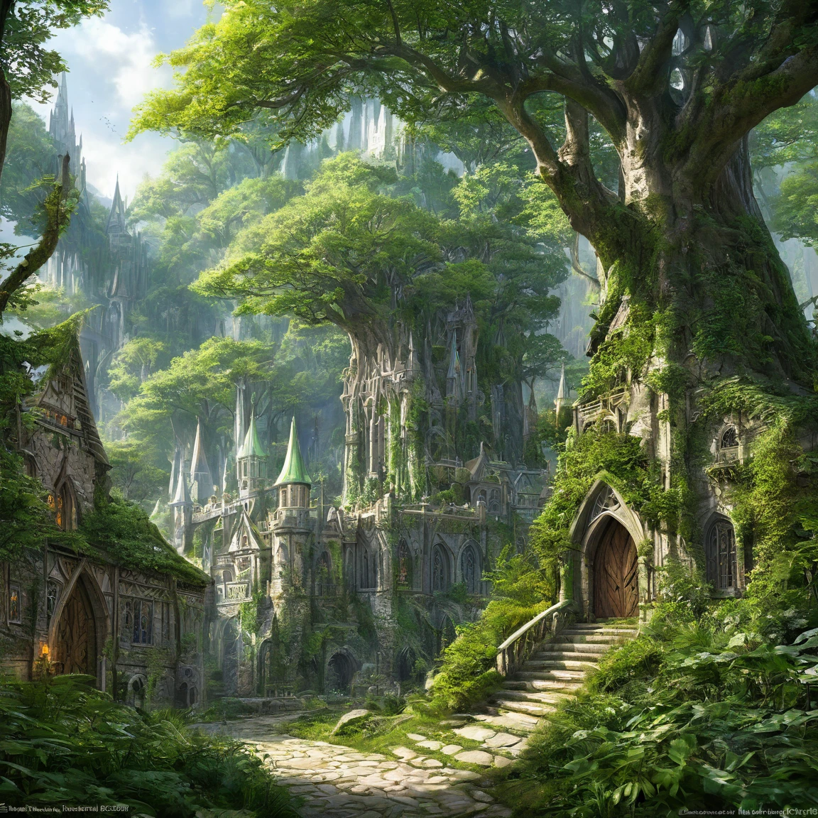 ((best quality)), ((masterpiece)), ((realistic,digital art)), (super detailed), (big elven city in a big forest), (style medieval fantasy)