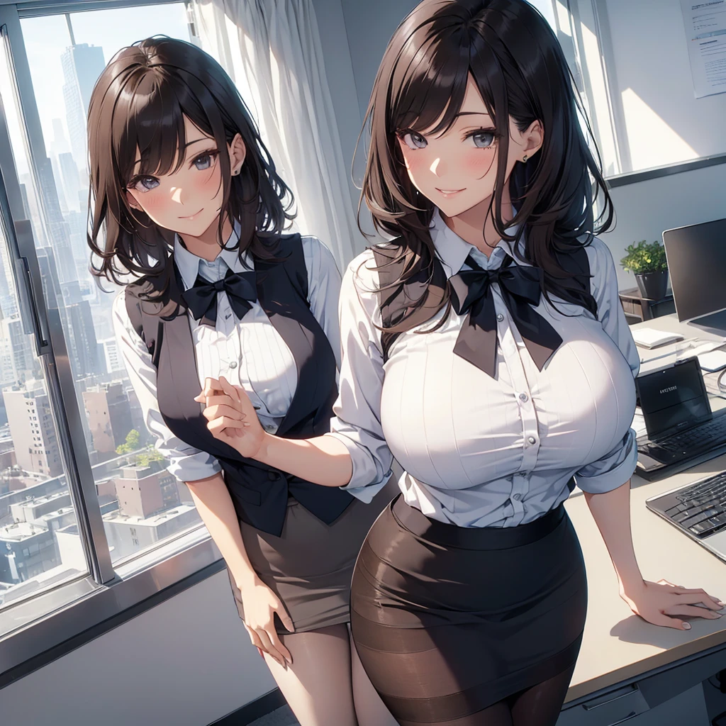 1lady standing, office worker, receptionist, (vest with white and gray checks:1.2) (navy pencil skirt) bowtie, mature female, /(black hair/) bangs, blush kind smile, (masterpiece best quality:1.2) delicate illustration ultra-detailed, large breasts BREAK (modern office indoors), window cityscape, detailed background ((Brown pantyhose)),