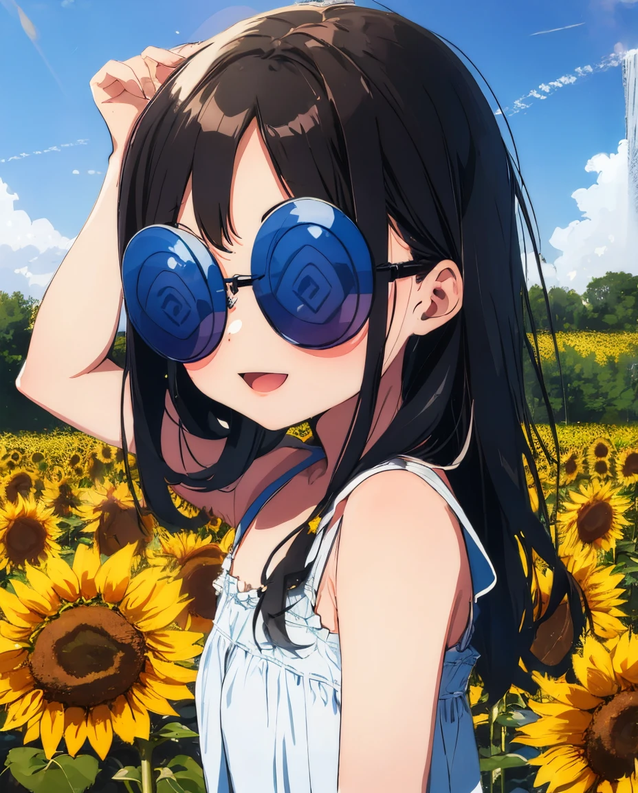 One girl, alone, ((Coke bottle_Glasses:1.2)), Sunflower field, summer, sunlight, One girl, :D, Portraiture, upper_body, White sundress, View your viewers, Put your arms behind your back, Wind