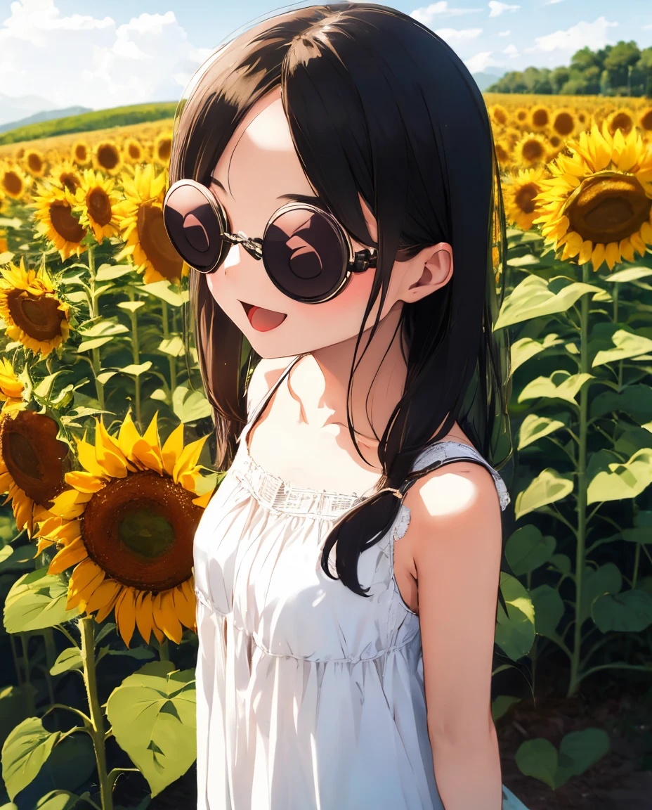 One girl, alone, ((Coke bottle_Glasses:1.2)), Sunflower field, summer, sunlight, One girl, :D, Portraiture, upper_body, White sundress, View your viewers, Put your arms behind your back, Wind