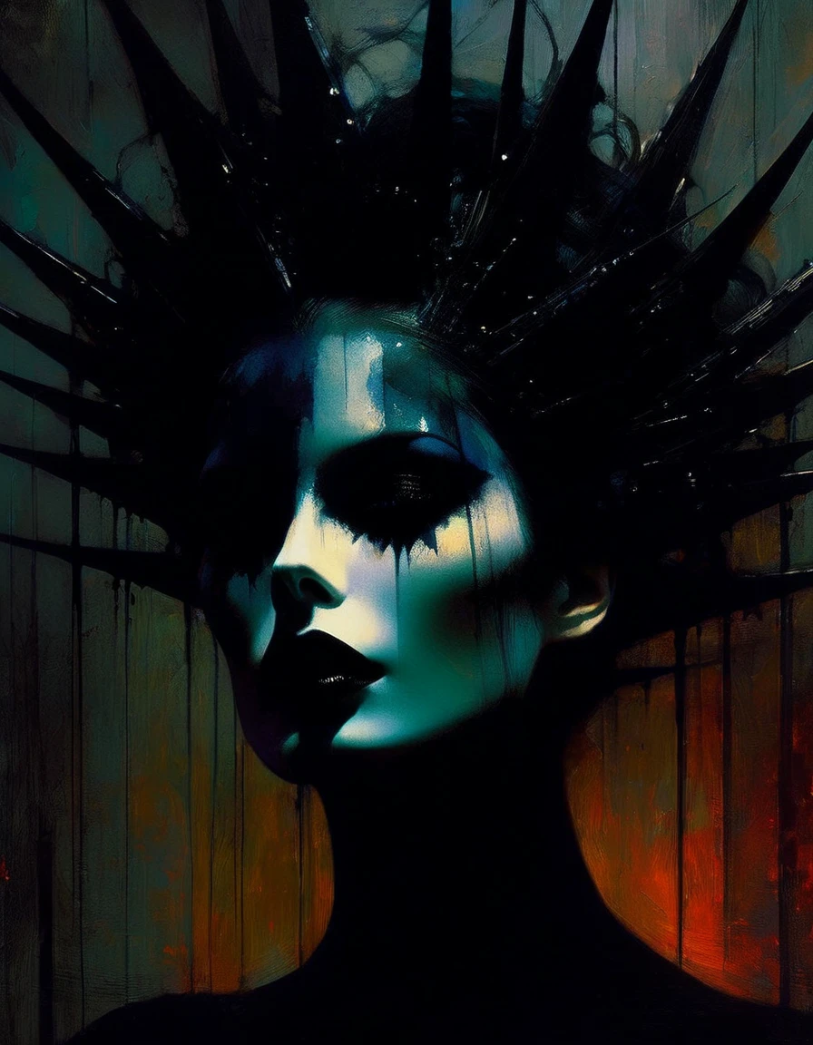 Darksynth aesthetic, minimalist background, gothic makeup, strange fashion photography, masterpiece. evening, (art inspired by Bill Sienkiewicz). oil painting)
