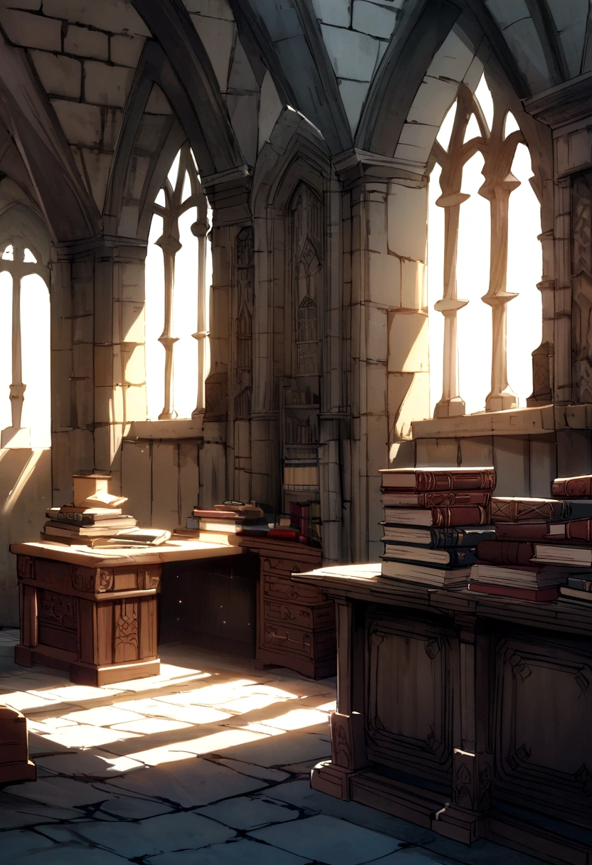 medieval fantasy castle room with books and tomes and desk, bright morning light