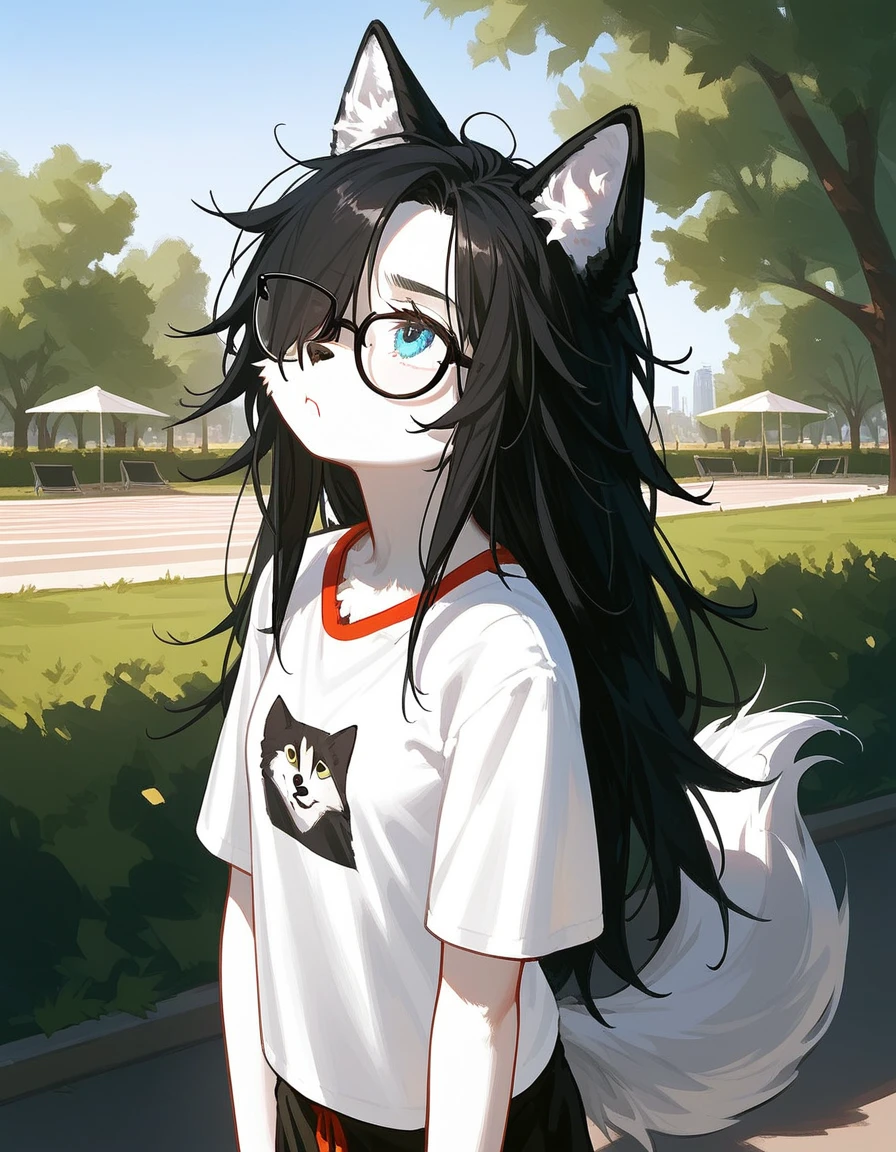 Solo, score_9,score_8_up,score_7_up, a young nerdy Anthro furry wolf woman, wolf snout, white furry body, tall, long black messy hair, black hair, hair in a pony tail, hair covering one eye, white wolf tail, black glasses, blue eyes, white wolf ears, white wolf tail, small breasts, wearing oversized red t shirt, black boy shorts, standing, outdoors, at a park, flinching, shielding her face from the sun, sunny day, looking up, squinting, looking up, pouting, tired expression, hands to her forehead