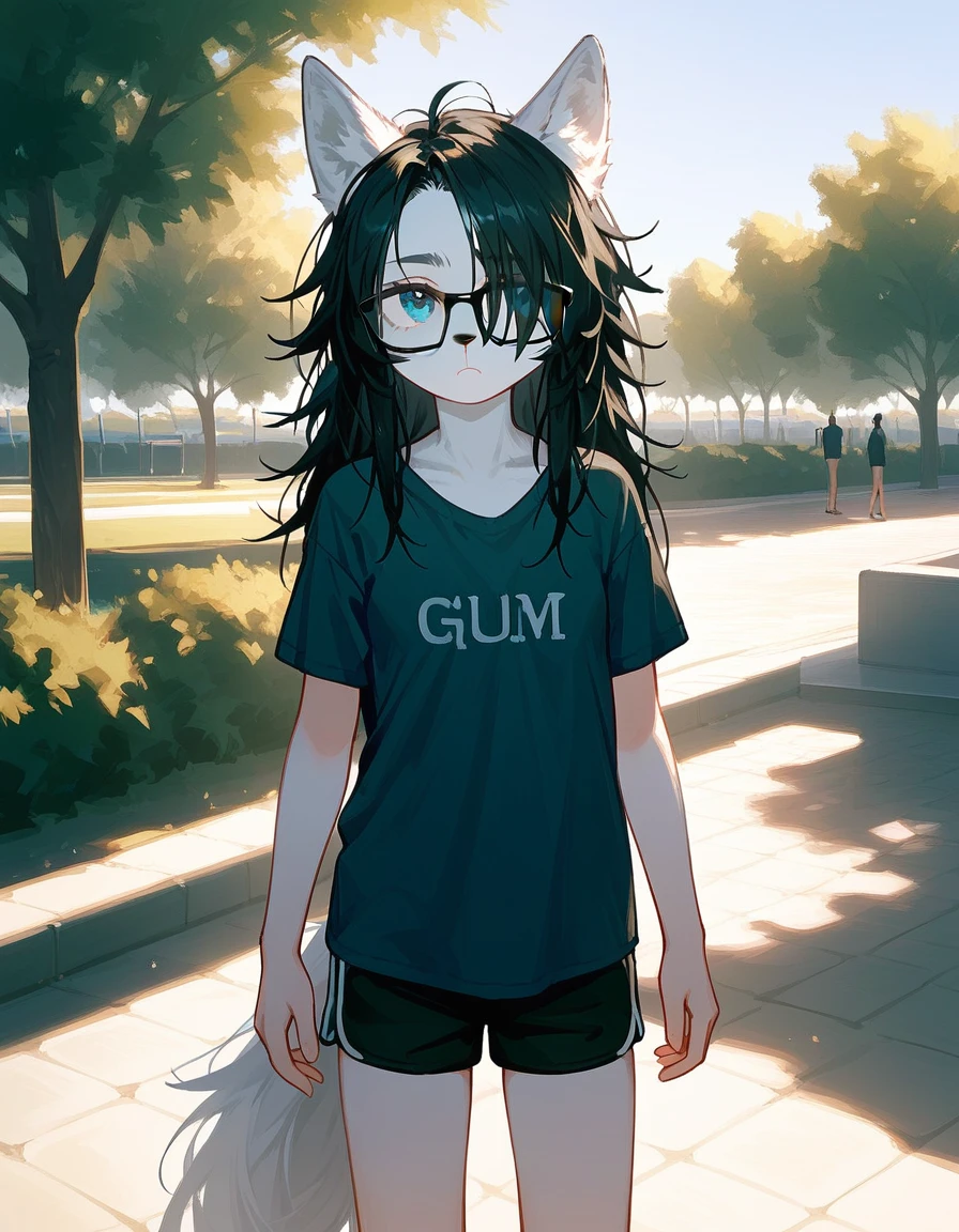 Solo, score_9,score_8_up,score_7_up, a young nerdy Anthro furry wolf woman, wolf snout, white furry body, tall, long black messy hair, black hair, hair in a pony tail, hair covering one eye, white wolf tail, black glasses, blue eyes, white wolf ears, white wolf tail, small breasts, wearing oversized red t shirt, black boy shorts, standing, outdoors, at a park, flinching, shielding her face from the sun, sunny day, looking up, squinting, looking up, pouting, tired expression, hands to her forehead
