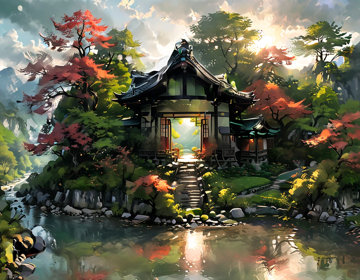 a National Geographic picture of dark Japanese medieval temple, as the sun (rises in the horizon: 1.1), it sits on the bank of a river near surrounded by cherry trees, almond trees, Japanese maple trees, (all trees in many colorful shades of green, red, pin, orange: 1.5) ((all scenery is reflected in the river: 1.5)), an epic ancient Japanese medieval temple, ancient and epic in its majestic antiquity, a sense of serenity, tranquility, divine rays, some clouds, sun rays, (highest quality:1.2, Very detailed, up to date, Vibrant, Ultra-high resolution, High Contrast, masterpiece:1.2, highest quality, Best aesthetics), best details, best quality, highres, ultra wide angle, 16k, [ultra detailed], masterpiece, best quality, (extremely detailed: 1.5), Cinematic Hollywood Film, dark novel
