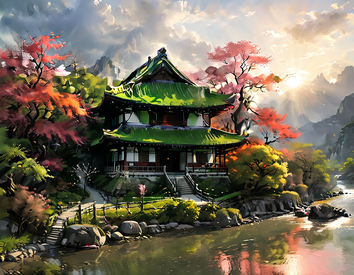 a National Geographic picture of dark Japanese medieval temple, as the sun (rises in the horizon: 1.1), it sits on the bank of a river near surrounded by cherry trees, almond trees, Japanese maple trees, (all trees in many colorful shades of green, red, pin, orange: 1.5) ((all scenery is reflected in the river: 1.5)), an epic ancient Japanese medieval temple, ancient and epic in its majestic antiquity, a sense of serenity, tranquility, divine rays, some clouds, sun rays, (highest quality:1.2, Very detailed, up to date, Vibrant, Ultra-high resolution, High Contrast, masterpiece:1.2, highest quality, Best aesthetics), best details, best quality, highres, ultra wide angle, 16k, [ultra detailed], masterpiece, best quality, (extremely detailed: 1.5), Cinematic Hollywood Film, dark novel