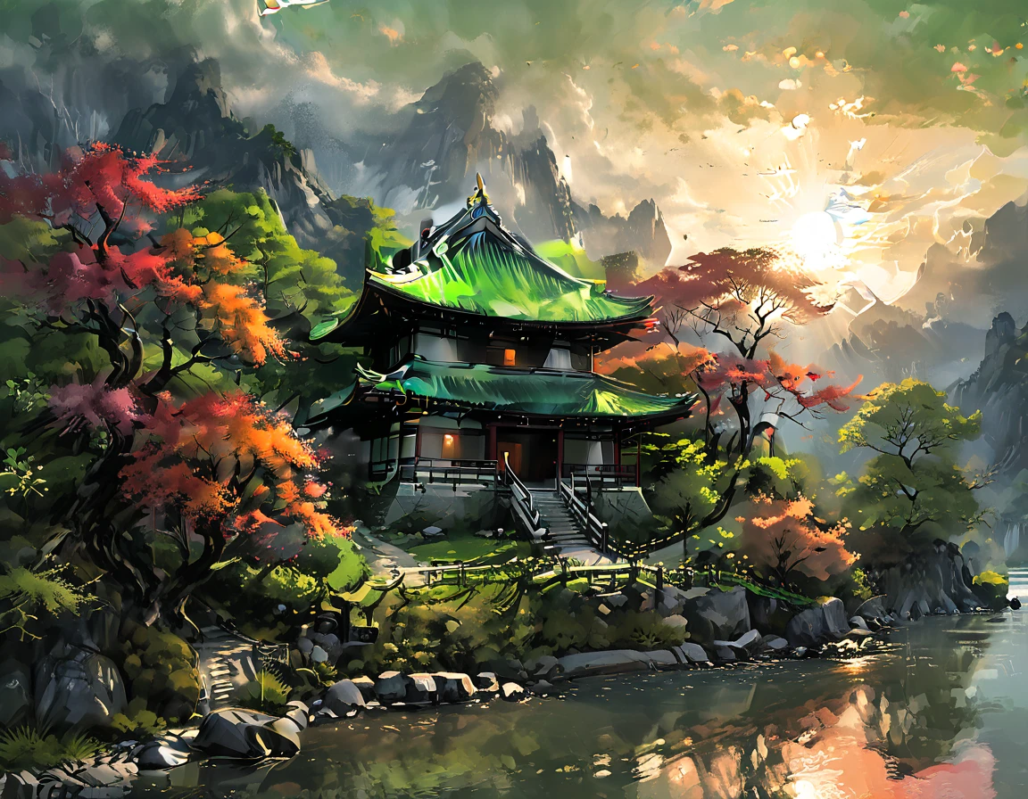 a National Geographic picture of dark Japanese medieval temple, as the sun (rises in the horizon: 1.1), it sits on the bank of a river near surrounded by cherry trees, almond trees, Japanese maple trees, (all trees in many colorful shades of green, red, pin, orange: 1.5) ((all scenery is reflected in the river: 1.5)), an epic ancient Japanese medieval temple, ancient and epic in its majestic antiquity, a sense of serenity, tranquility, divine rays, some clouds, sun rays, (highest quality:1.2, Very detailed, up to date, Vibrant, Ultra-high resolution, High Contrast, masterpiece:1.2, highest quality, Best aesthetics), best details, best quality, highres, ultra wide angle, 16k, [ultra detailed], masterpiece, best quality, (extremely detailed: 1.5), Cinematic Hollywood Film, dark novel