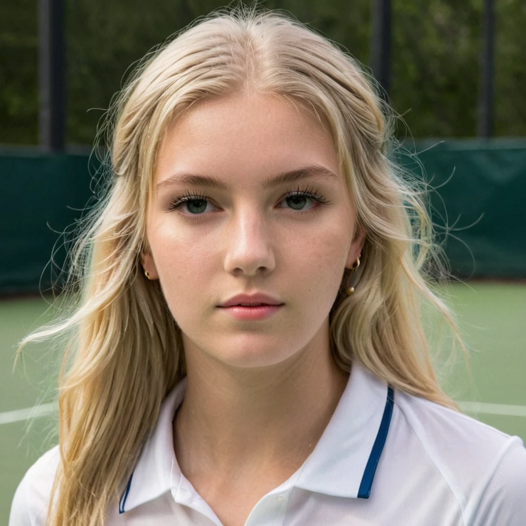 Un portrait photoréaliste d'une jeune blonde de 21 ans avec de longs cheveux blanc  qui joue au tennis 