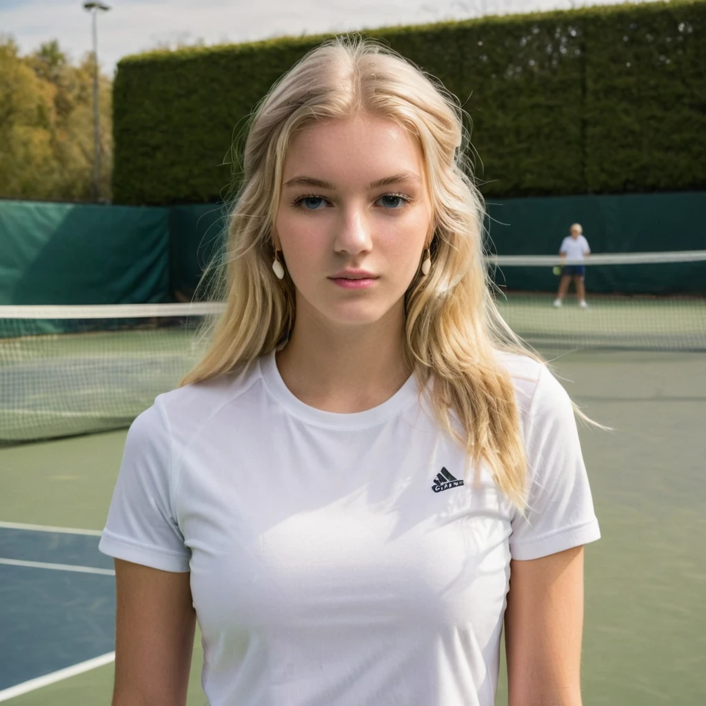 Un portrait photoréaliste d'une jeune blonde de 21 ans avec de longs cheveux blanc  qui joue au tennis 