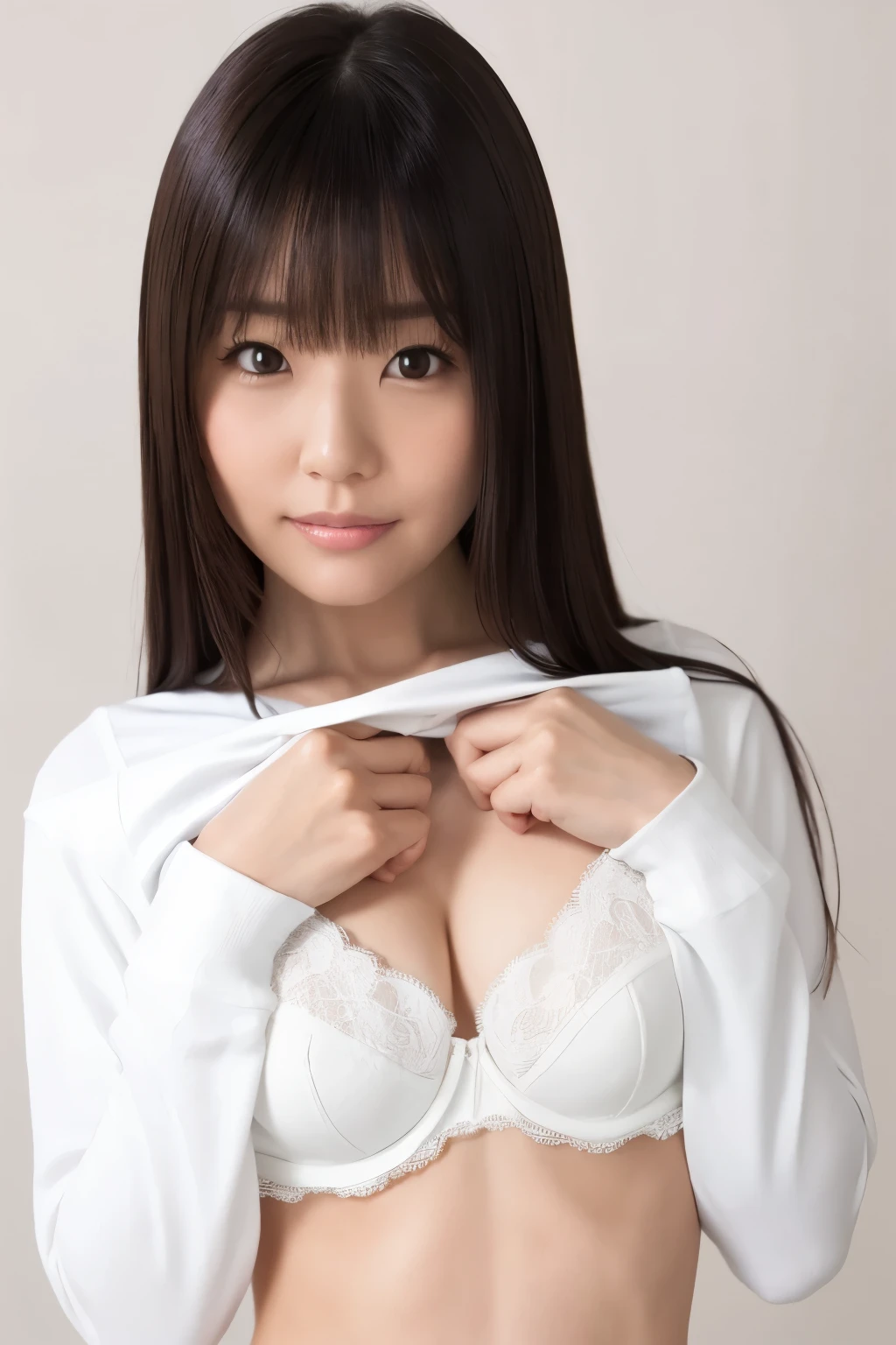 (Highest quality、Tabletop、8K、Best image quality)、Cute woman、Perfect Anatomy、Super high resolution beautiful eyes、(The perfect long sleeve t-shirt:1.3)、 (She lifted up her long sleeve T-shirt、Exposing the bra:1.6)、(ライトピンクのExposing the bra:1.3)、(Random color long sleeve T-shirt:1.1)、Small breasts、(The simplest solid color background:1.3)、(Brightest and most radiant skin:1.1)、The brightest and shiniest hair、(Very bright:1.1)、No makeup、Face close-up、(Accurate anatomy:1.1)