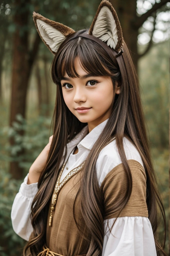 A girl with wolf ears in a traditional but modern outfit. Long brown hair