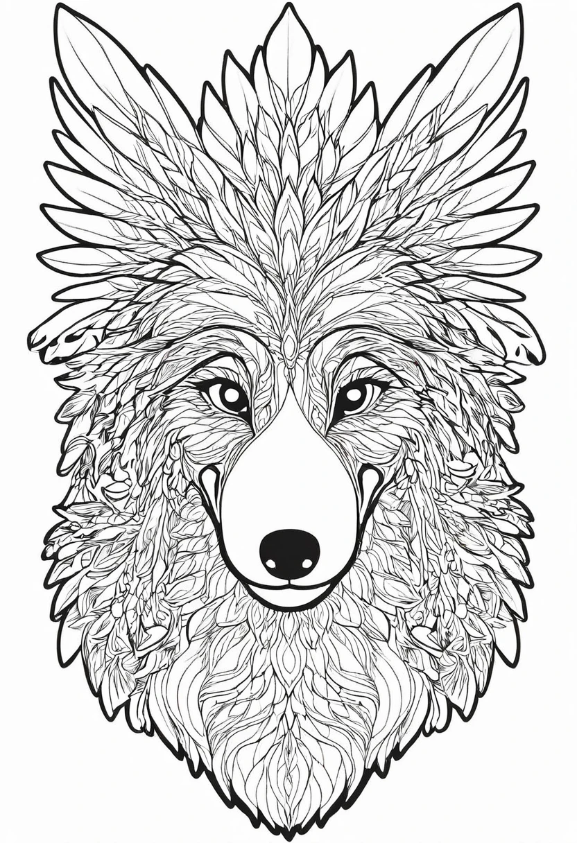 a coloring page of a rooster with leaves, line art coloring page, animal mandala, rooster face , rooster face hiper detallada, bold linear, Intricately detailed plumage, rooster head alpha , Detailed line art, coloring page, clean linear, wolf head, Plantilla Wolf lineart base, Coloring book outline, intricate linear, lineal simple