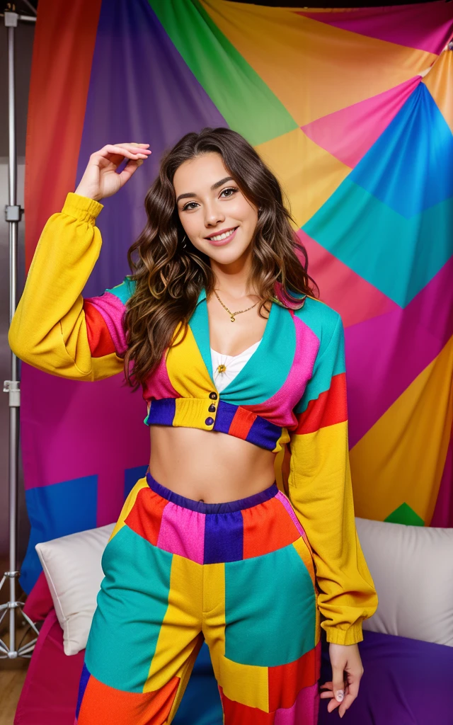 Beautiful woman 20 years old, wavy brown hair, wearing a beautiful intricate bold and colorful geometric suit, colorful atmosphere, Photo Studio, artistic,