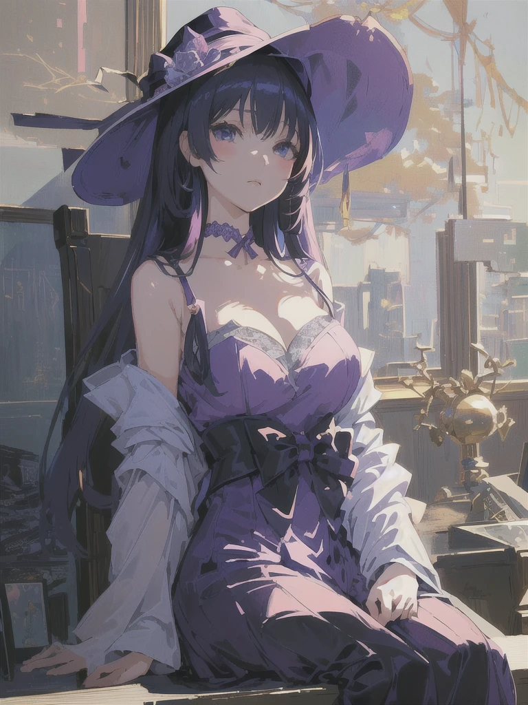Anime girl in purple dress and hat sitting on a shelf, Gwaiz, artwork in the style of Gwaiz, Gwaiz on pixiv artstation, Gwaiz on artstation pixiv, Anime Style 4 k, Beautiful anime portraits, Anime Style. 8K, Gwaiz masterpiece, Anime Girl Portrait, Beautiful Anime Girls