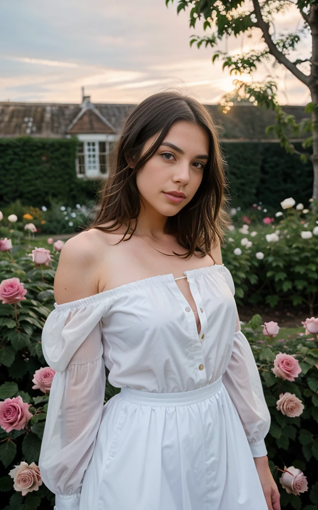 Pure and cute student model, the sky is a magnificent sunset, In front of it is a row of white fences, Monet's garden, the fence is covered with delicate roses, The colors of roses are colorful, The whole picture is romantic, realistic, high detail, realism, chromatic aberration, chiaroscuro, , , Award-winning photos, Unreal Engine 5, cinematic smooth,