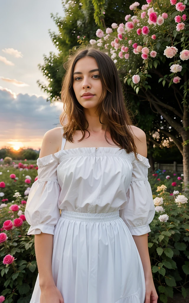 Pure and cute student model, the sky is a magnificent sunset, In front of it is a row of white fences, Monet's garden, the fence is covered with delicate roses, The colors of roses are colorful, The whole picture is romantic, realistic, high detail, realism, chromatic aberration, chiaroscuro, , , Award-winning photos, Unreal Engine 5, cinematic smooth,