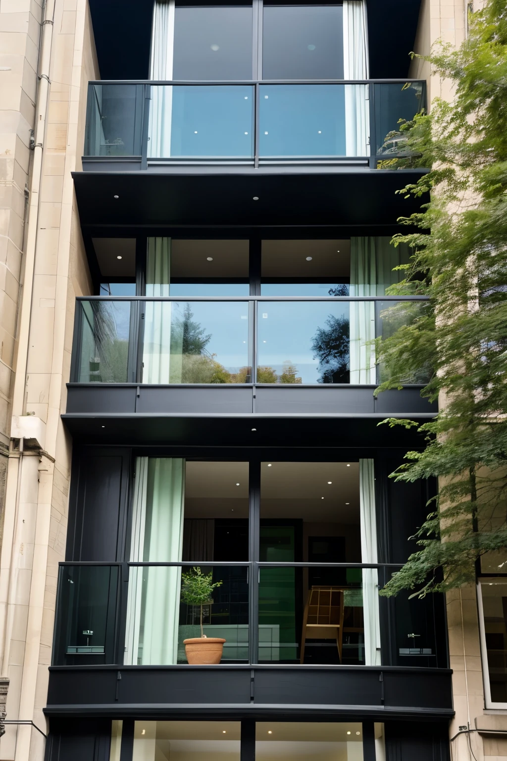 a 9 storie building, black, glass and green front façade, with balconies.