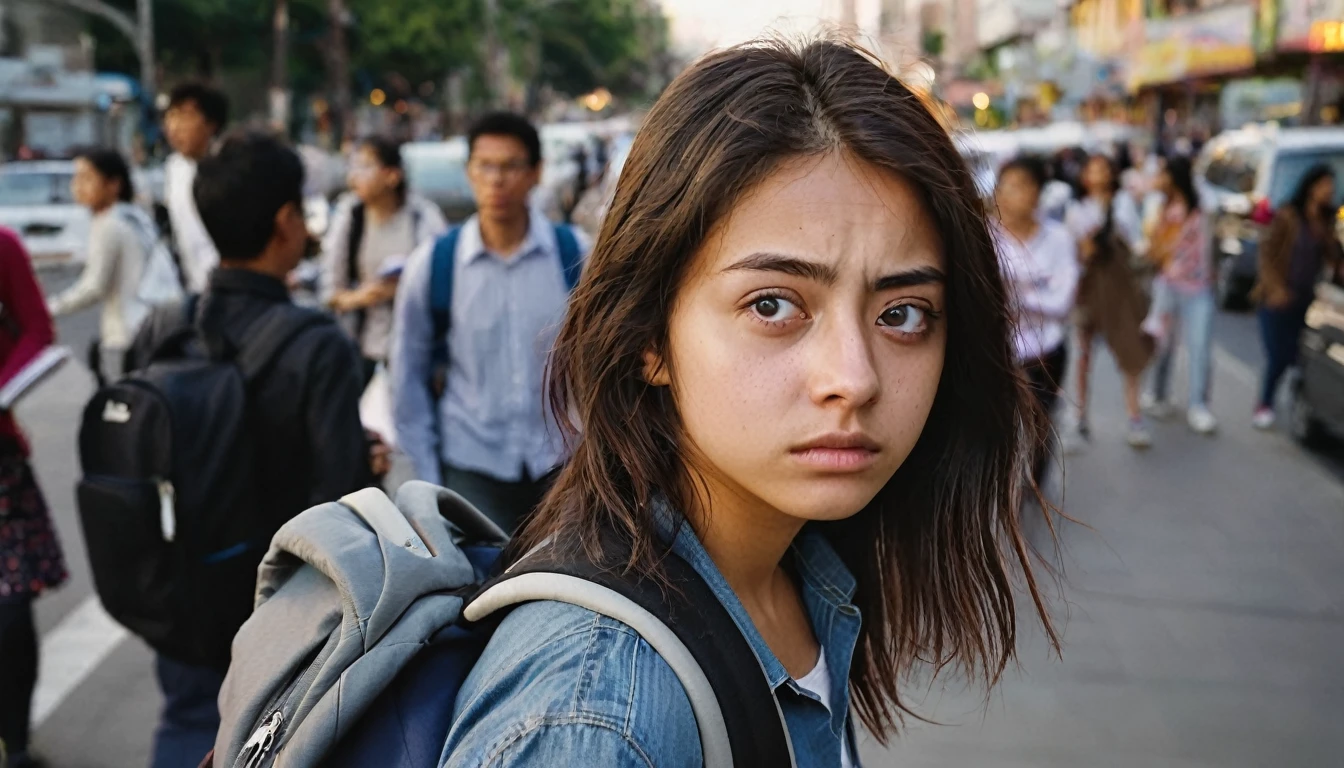 Portrait of a Young Student: A 19-year-old girl, visibly exhausted, with deep circles under her eyes, wearing casual clothes. She holds a heavy backpack and law books as she walks along a busy city street at dawn.