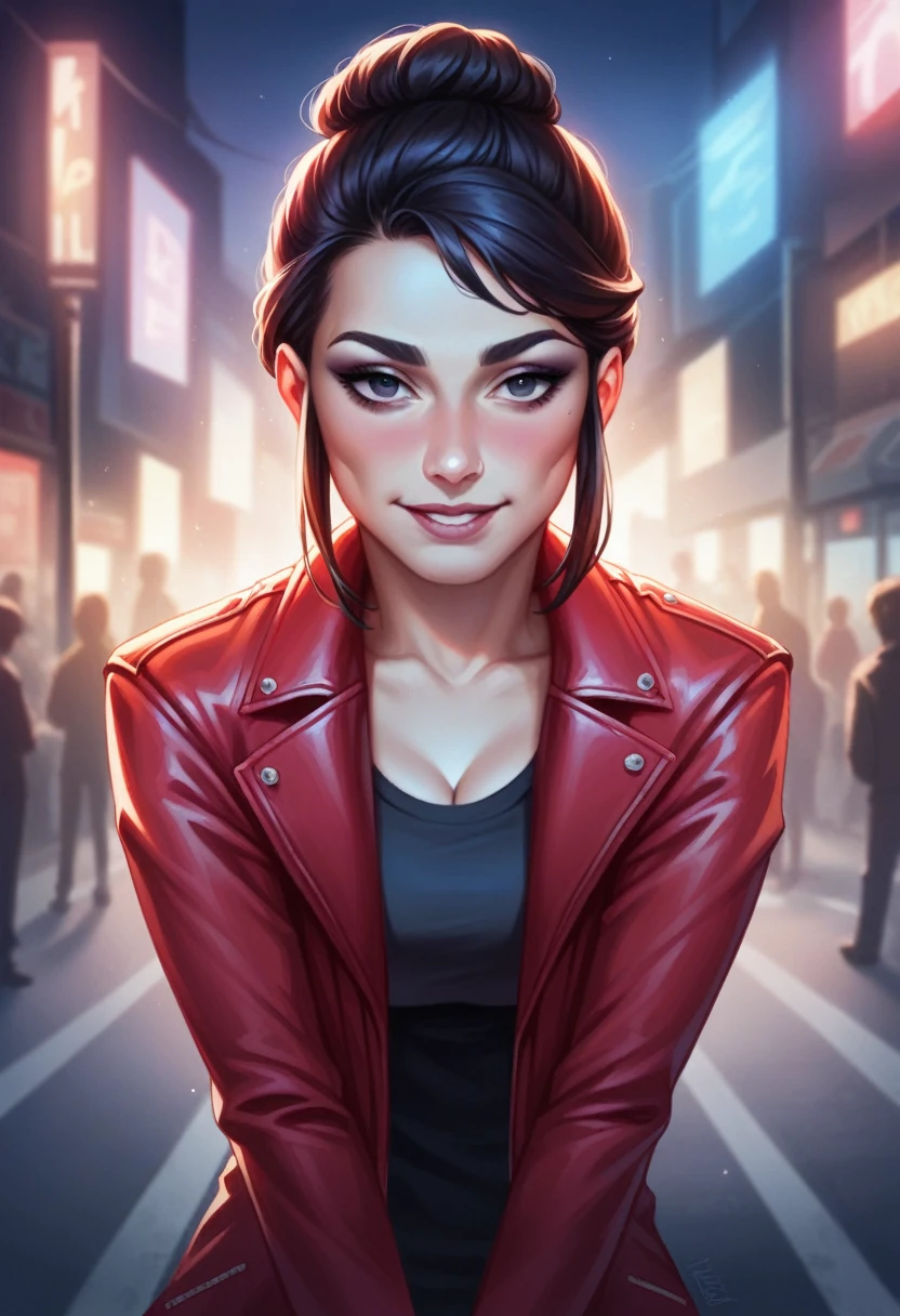 best quality, realistic, front pov, KristannaTX in a los angeles city street, (a female Indonesian supermodel), (wine red leather jacket:1.1), seductive smile, (dark hair), (updo hair:1.0), perfect eyes, sharp details, detailed face, face makeup, cheeks blush, eyeliner, eyeshadows, lip gloss, supermodel, (deep focus), (hard lighting), (night time), (realistic lighting:1.0), with her liquid metal robot hand placed on her right thigh