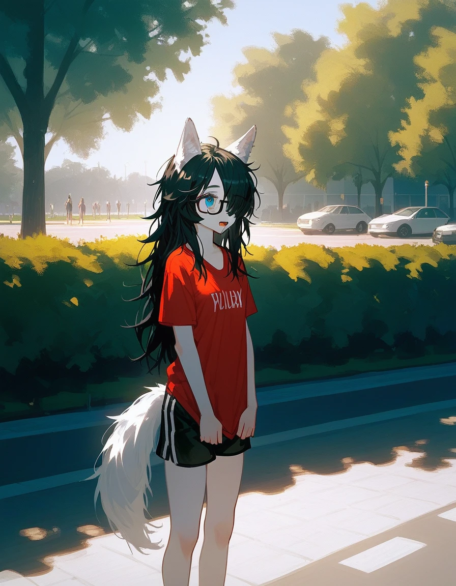 Solo, score_9,score_8_up,score_7_up, a young nerdy Anthro furry wolf woman, wolf snout, white furry body, tall, long black messy hair, black hair, hair in a pony tail, hair covering one eye, white wolf tail, black glasses, blue eyes, white wolf ears, white wolf tail, small breasts, wearing oversized red t shirt, black boy shorts, standing, outdoors, at a park, shielding her eyes from the sun, sunny day, looking up, squinting, looking up, tired expression, eyes half open, mouth open, slouching to the side,
