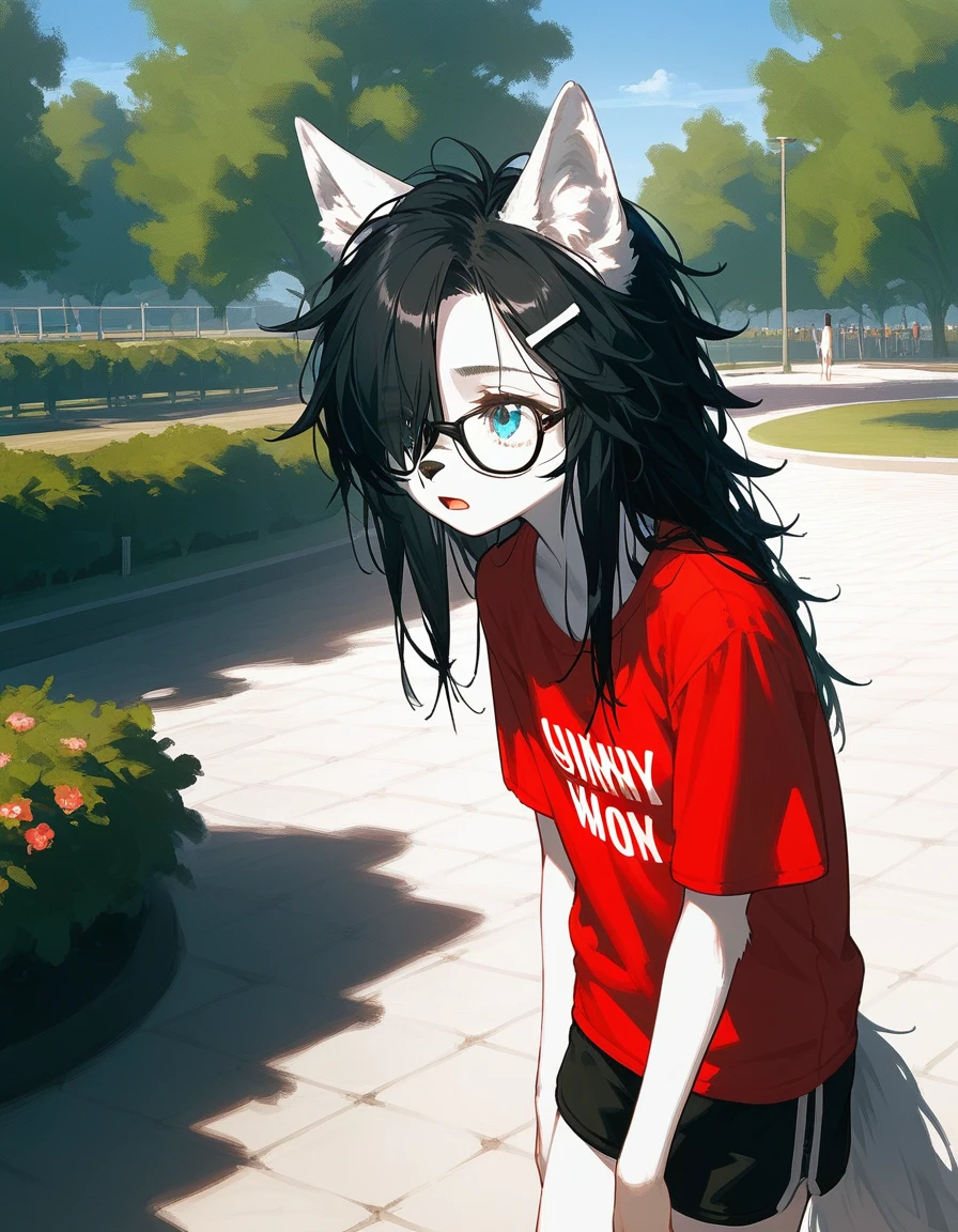 Solo, score_9,score_8_up,score_7_up, a young nerdy Anthro furry wolf woman, wolf snout, white furry body, tall, long black messy hair, black hair, hair in a pony tail, hair covering one eye, white wolf tail, black glasses, blue eyes, white wolf ears, white wolf tail, small breasts, wearing oversized red t shirt, black boy shorts, standing, outdoors, at a park, shielding her eyes from the sun, sunny day, looking up, squinting, looking up, tired expression, eyes half open, mouth open, slouching to the side, 