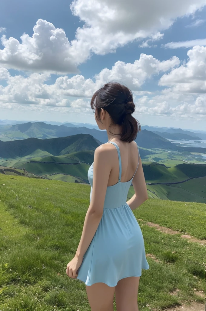 Fantastic scenery and wide sky。There are a lot of cloudysterious and very beautiful scenery。Back view of a girl wearing a one-piece dress