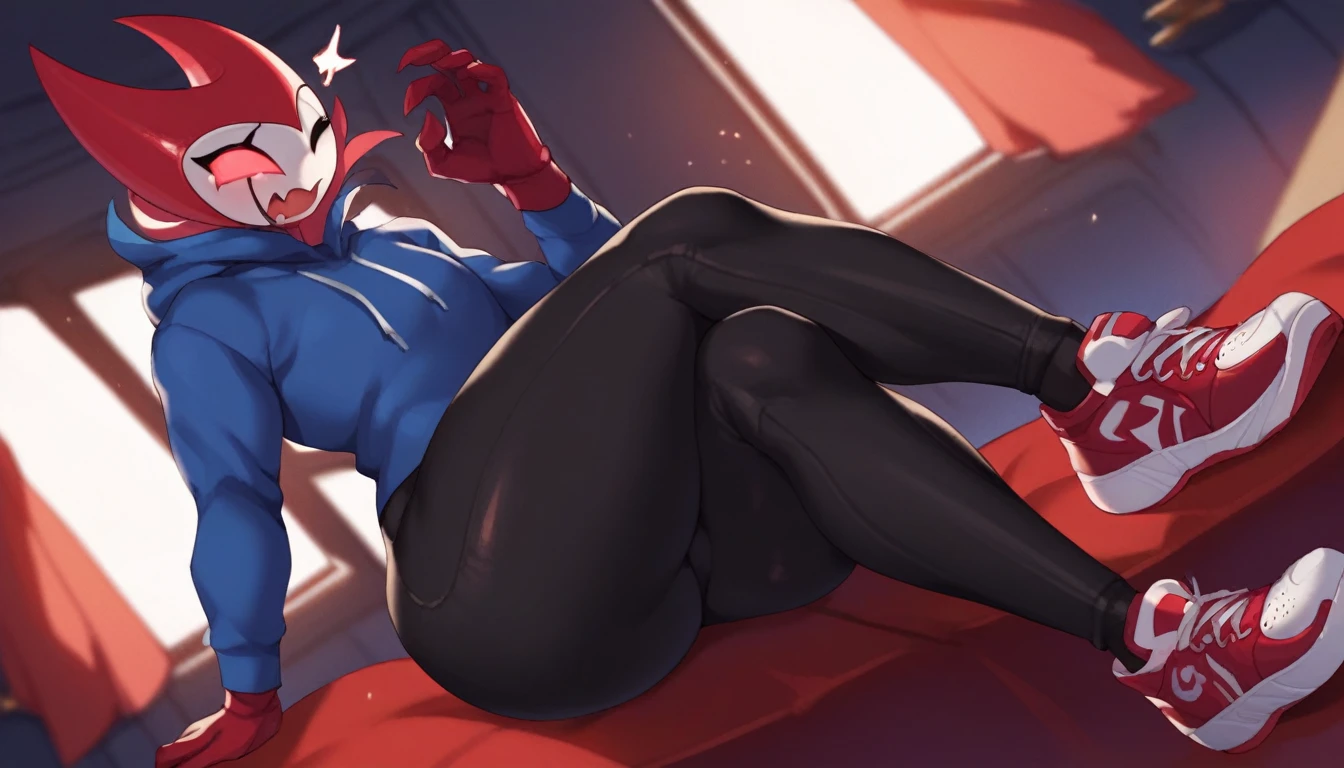score_9, score_8_up, score_7_up, score_6_up, zPDXL2, grimm \(hollow knight\), vampire, bat, 1boy, solo, cute face, detailed eyes, portrait, thick thighs, anthro, thick ass, pov, tight black sports pants, cinematic angle, blue large hoodie, cool pose, red sports gloves, pov, sneakers, sitting on the couch, background, touching his chest, one eye closed, yawning