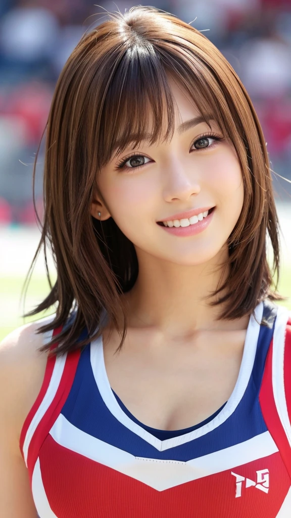 Photorealistic、Masseter muscle area、Highest quality、High resolution、RAW Photos、Realistic、Bright lighting、Face Light、Smooth Professional Lighting、Japanese women、Beautiful woman、Modeled、gravure、sexy、so beautiful、Realisticで美しい肌、Beautiful and detailed、Detailed face、slim、Large Breasts、Cleavage、short hair、Brunette colored hair、Brown eyes、looking at the camera、Cheerleader、Cheerleader、Cheerleader、smile